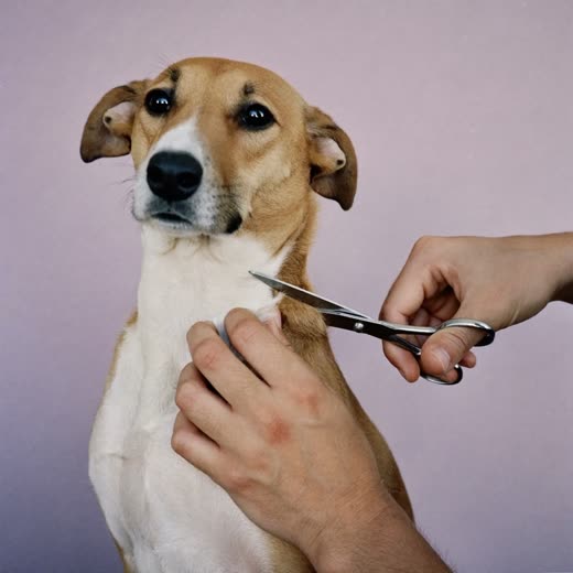 Hands trimming a dog's coat with grooming scissors